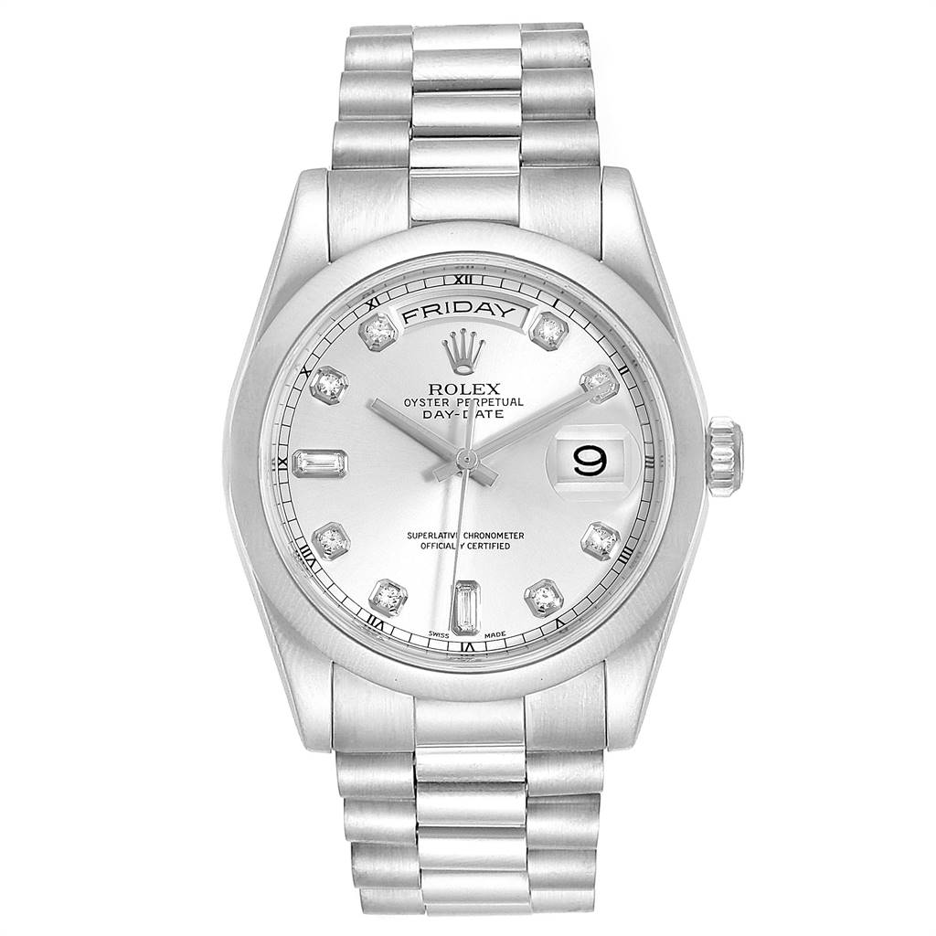 The Rolex President 118209 Men's White Gold Silver Dial 118209 Men's White Gold Silver Dial model watch is shown from a front angle, displaying its face, bracelet, and crown.
