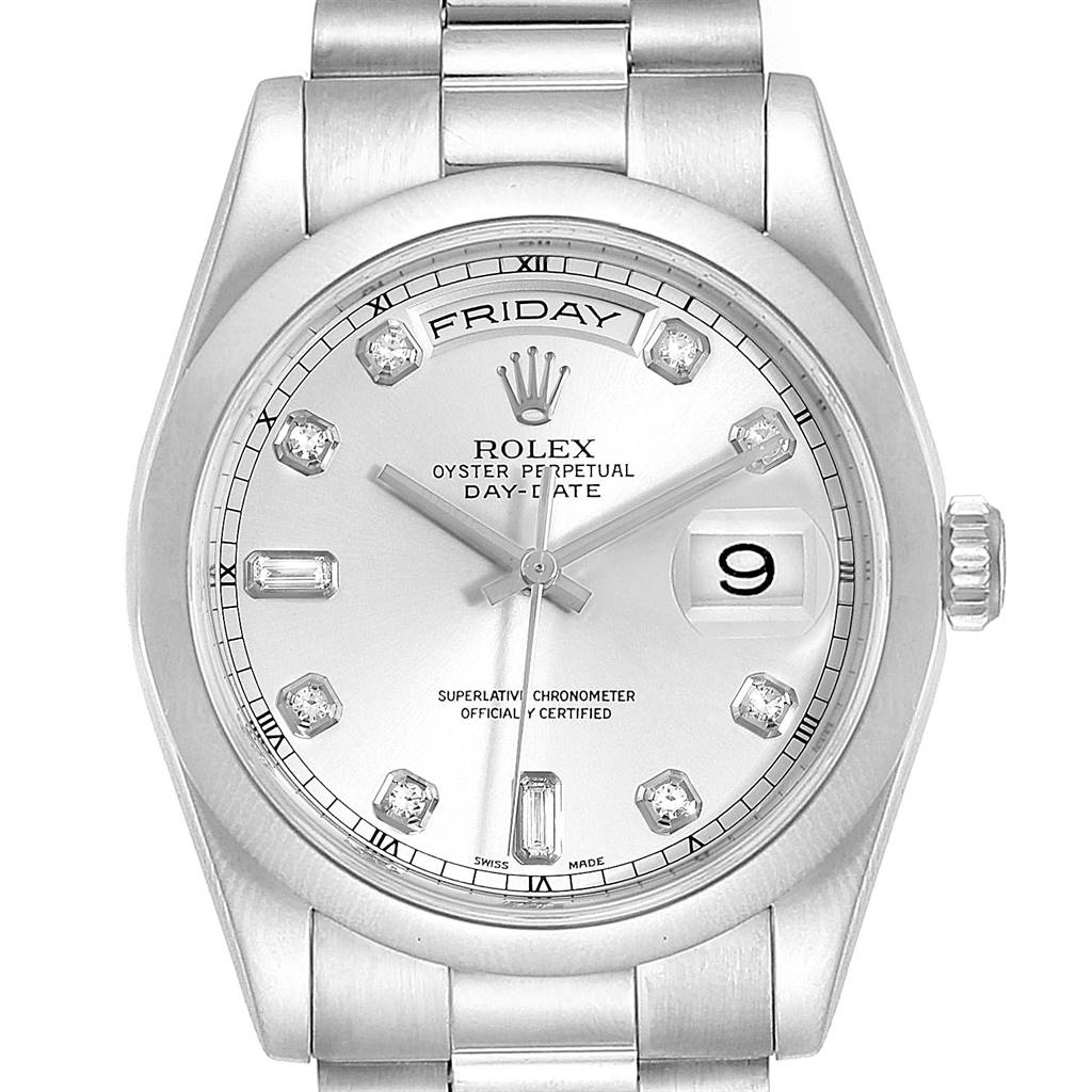 The image shows a front view of a Rolex President 118209 Men's White Gold Silver Dial 118209 Men's White Gold Silver Dial model watch, displaying the dial, bezel, lugs, crown, and part of the bracelet.