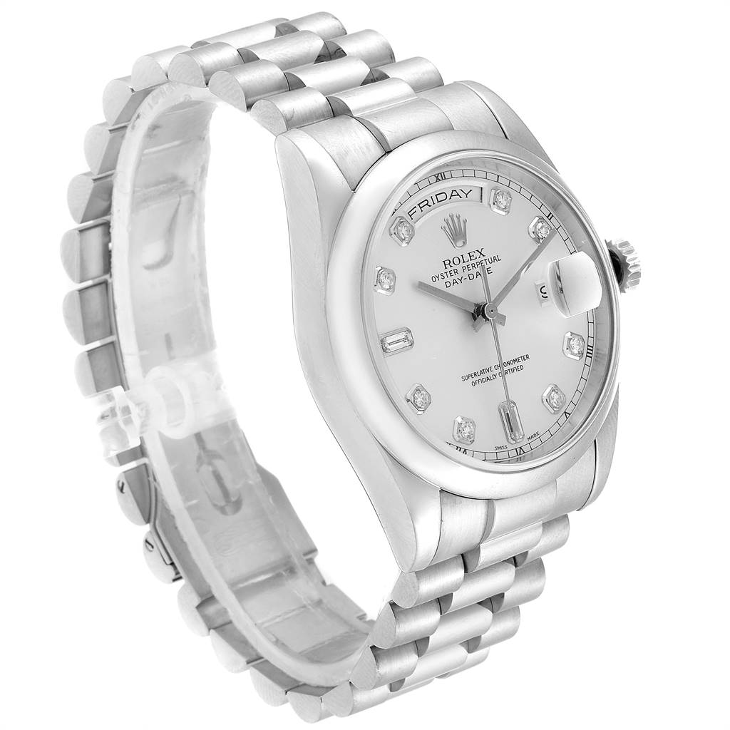 This Rolex President 118209 Men's White Gold Silver Dial 118209 Men's White Gold Silver Dial watch is shown at an angle, displaying the dial, bezel, crown, and bracelet.