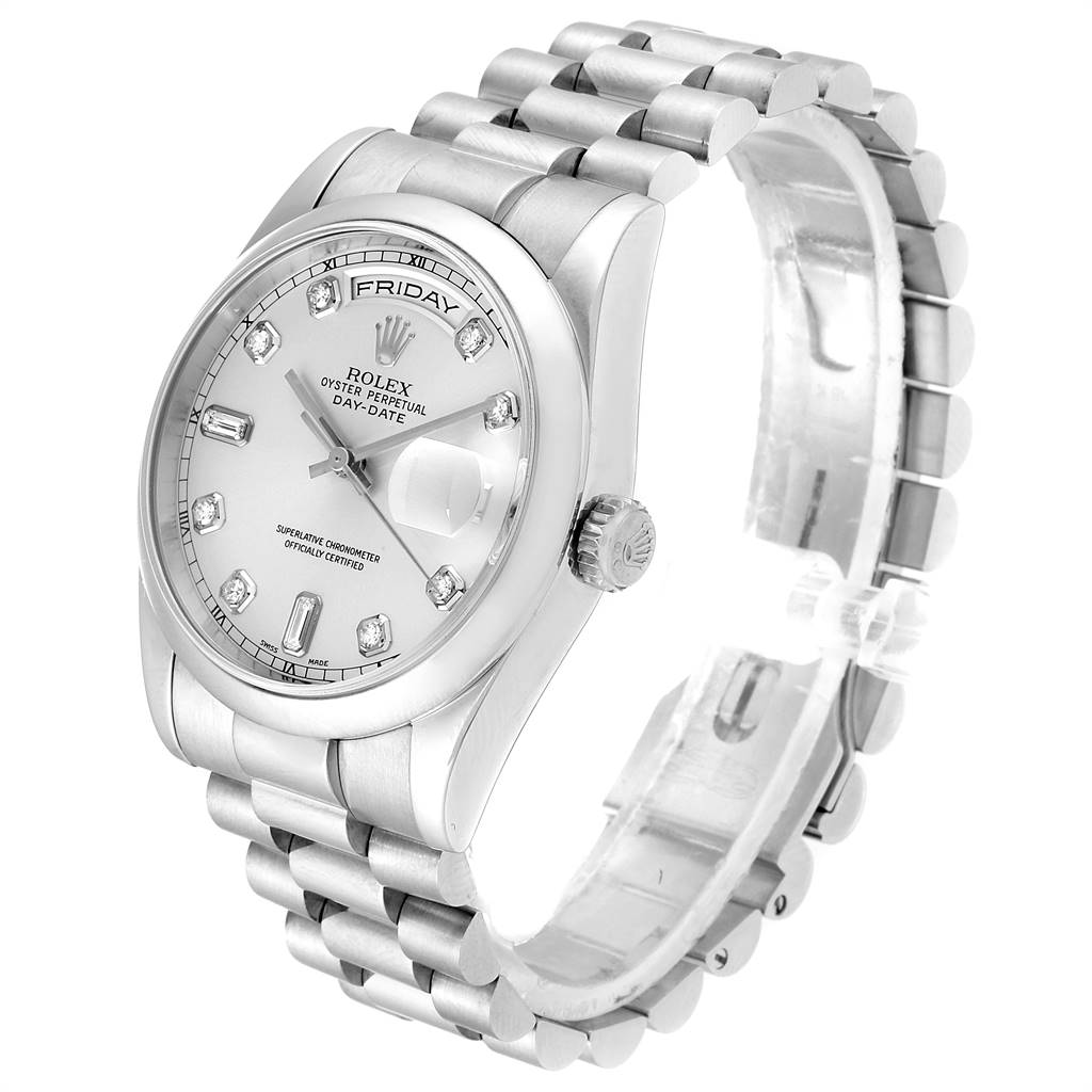The image shows a Rolex President 118209 Men's White Gold Silver Dial 118209 Men's White Gold Silver Dial model watch from a slight angle, displaying its dial, bracelet, and crown.