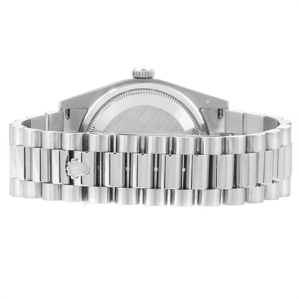 The image shows the back view of a Rolex President 118209 Men's White Gold Silver Dial 118209 Men's White Gold Silver Dial model watch, focusing on the bracelet and case back.