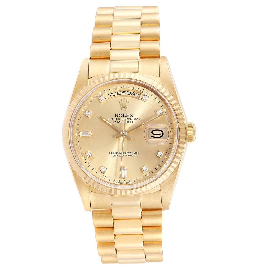 This image shows a front view of the Rolex President 18238 Men
s Yellow Gold Champagne Dial 18238 Men
s Yellow Gold Champagne Dial model watch, displaying the face, dial, bracelet, and crown.