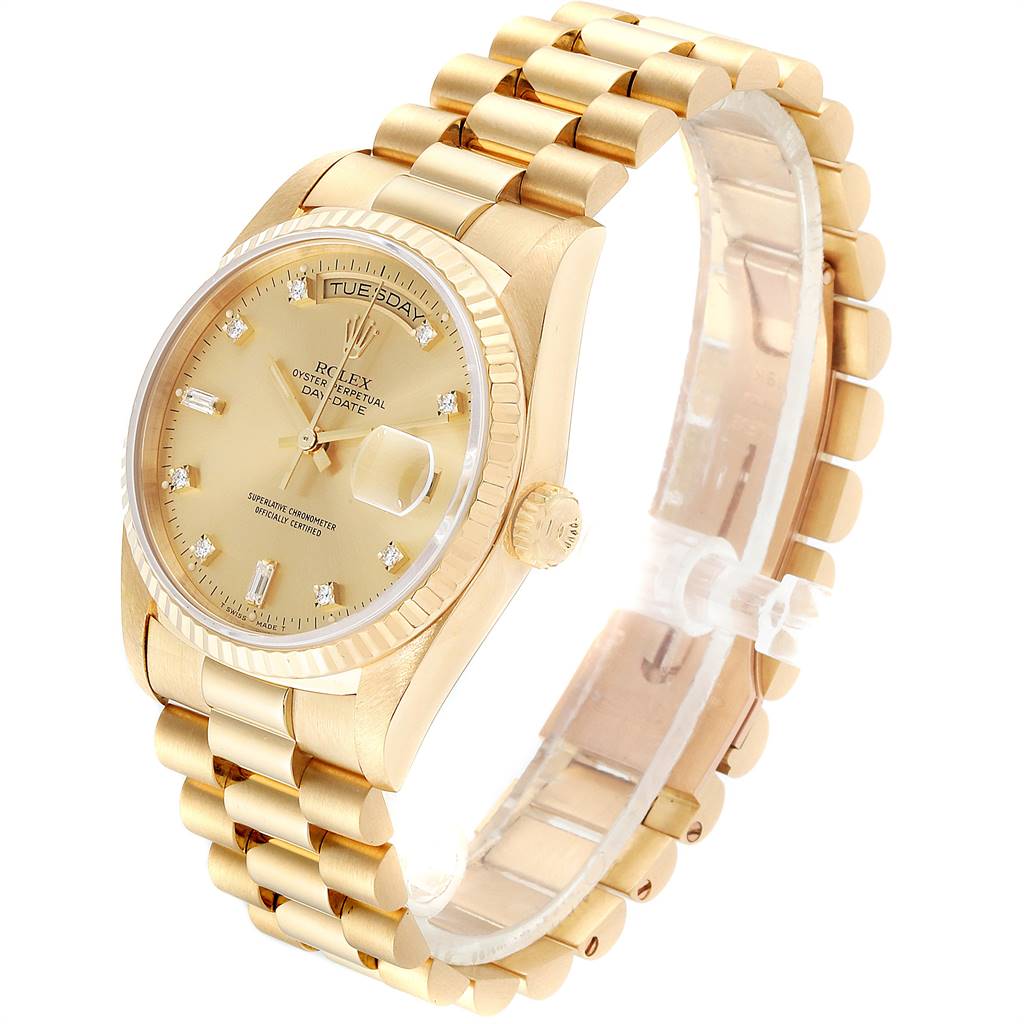 This image shows a gold Rolex President 18238 Men
s Yellow Gold Champagne Dial 18238 Men
s Yellow Gold Champagne Dial model watch at a three-quarter angle, highlighting its dial, bezel, and bracelet.