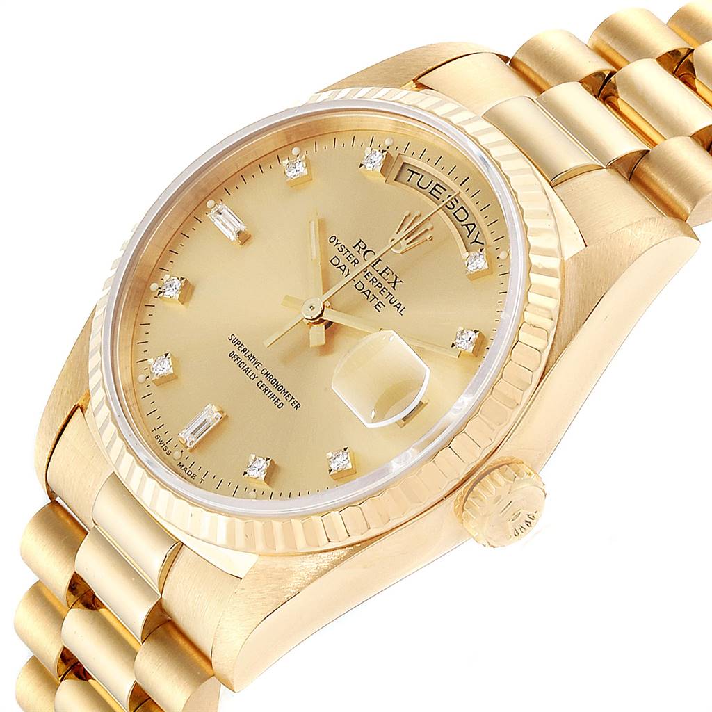 The image shows a close-up angle of the Rolex President 18238 Men
s Yellow Gold Champagne Dial 18238 Men
s Yellow Gold Champagne Dial model watch, highlighting its gold case, dial, bracelet, and crown.