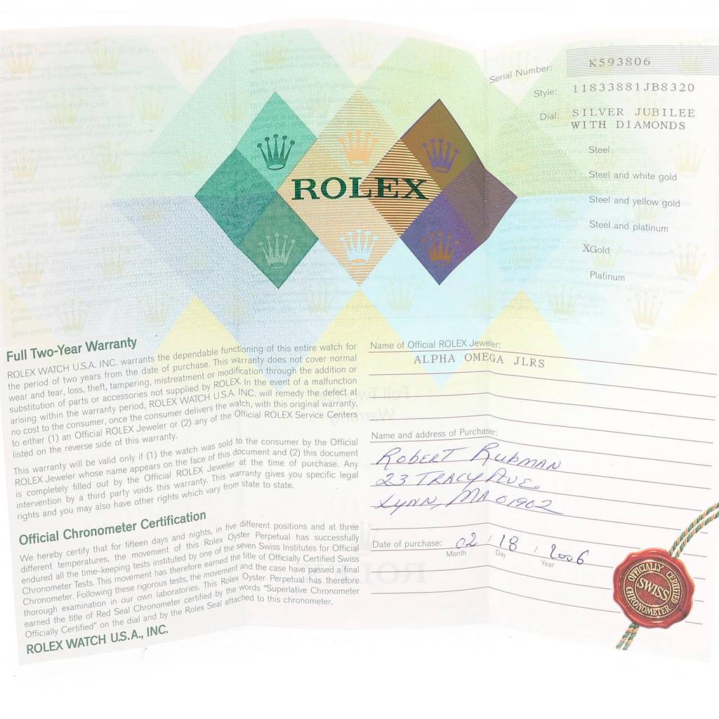 The image shows the warranty certificate and chronometer certification for a Rolex President 118338 Men
s Yellow Gold Silver Dial 118338 Men
s Yellow Gold Silver Dial model watch.