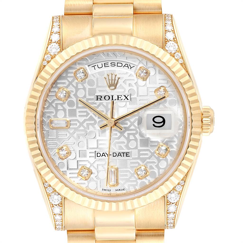 This image shows a frontal view of the Rolex President 118338 Men
s Yellow Gold Silver Dial 118338 Men
s Yellow Gold Silver Dial model watch, highlighting the dial, day-date display, bezel, and bracelet.