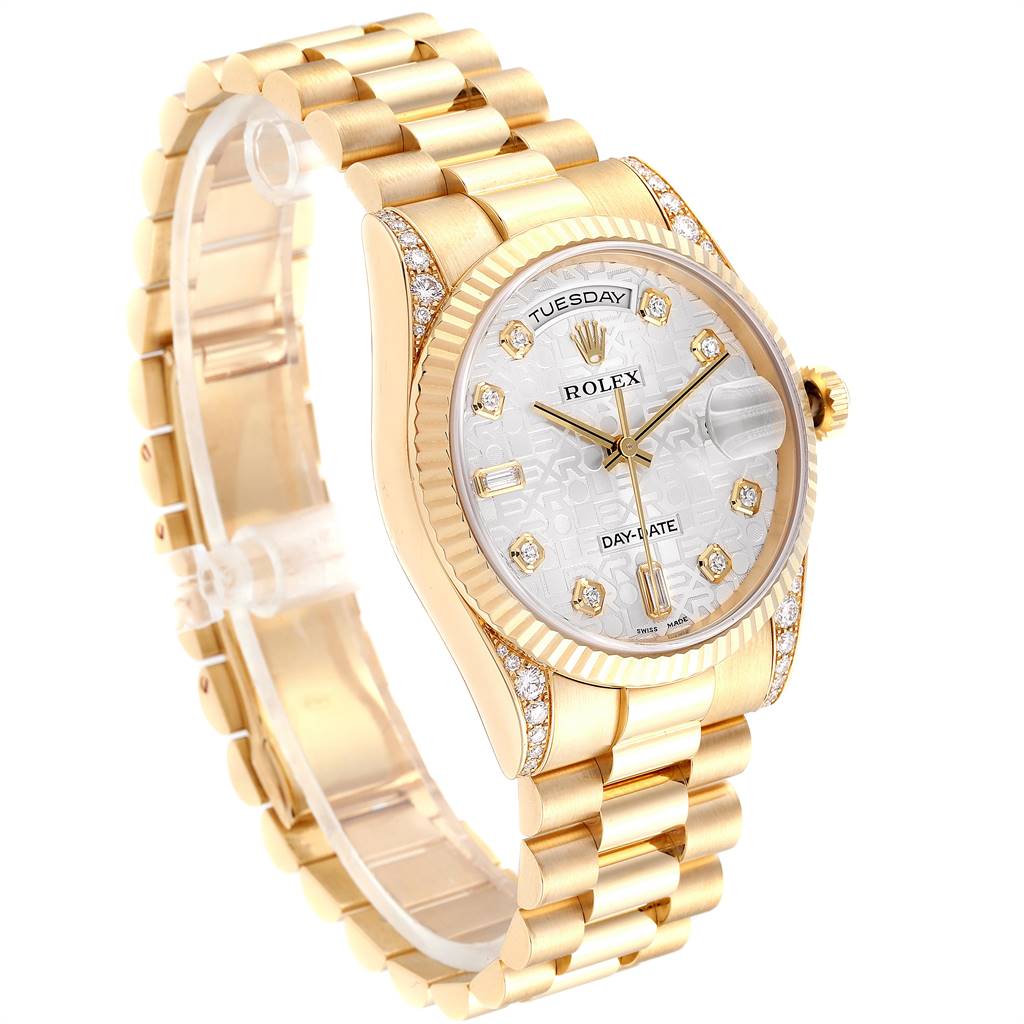 The image shows a side angle of a gold Rolex President 118338 Men
s Yellow Gold Silver Dial 118338 Men
s Yellow Gold Silver Dial model watch displaying the face, band, bezel, and crown.