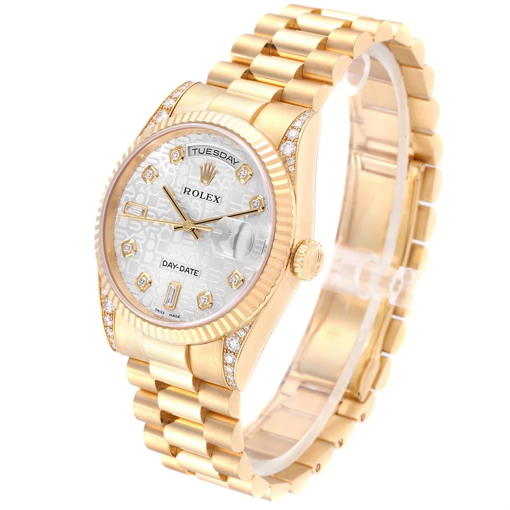The Rolex President 118338 Men
s Yellow Gold Silver Dial 118338 Men
s Yellow Gold Silver Dial watch is shown at an angle, highlighting its gold bracelet, bezel, and dial with diamond markers.