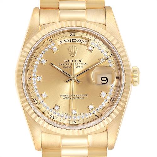 Photo of Rolex President Day-Date Yellow Gold String Diamond Dial Mens Watch 18238