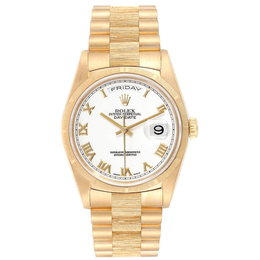 The image displays a front view of a Rolex President 18248 Men's Yellow Gold White Dial 18248 Men's Yellow Gold White Dial model watch, showcasing the dial, bracelet, and case.