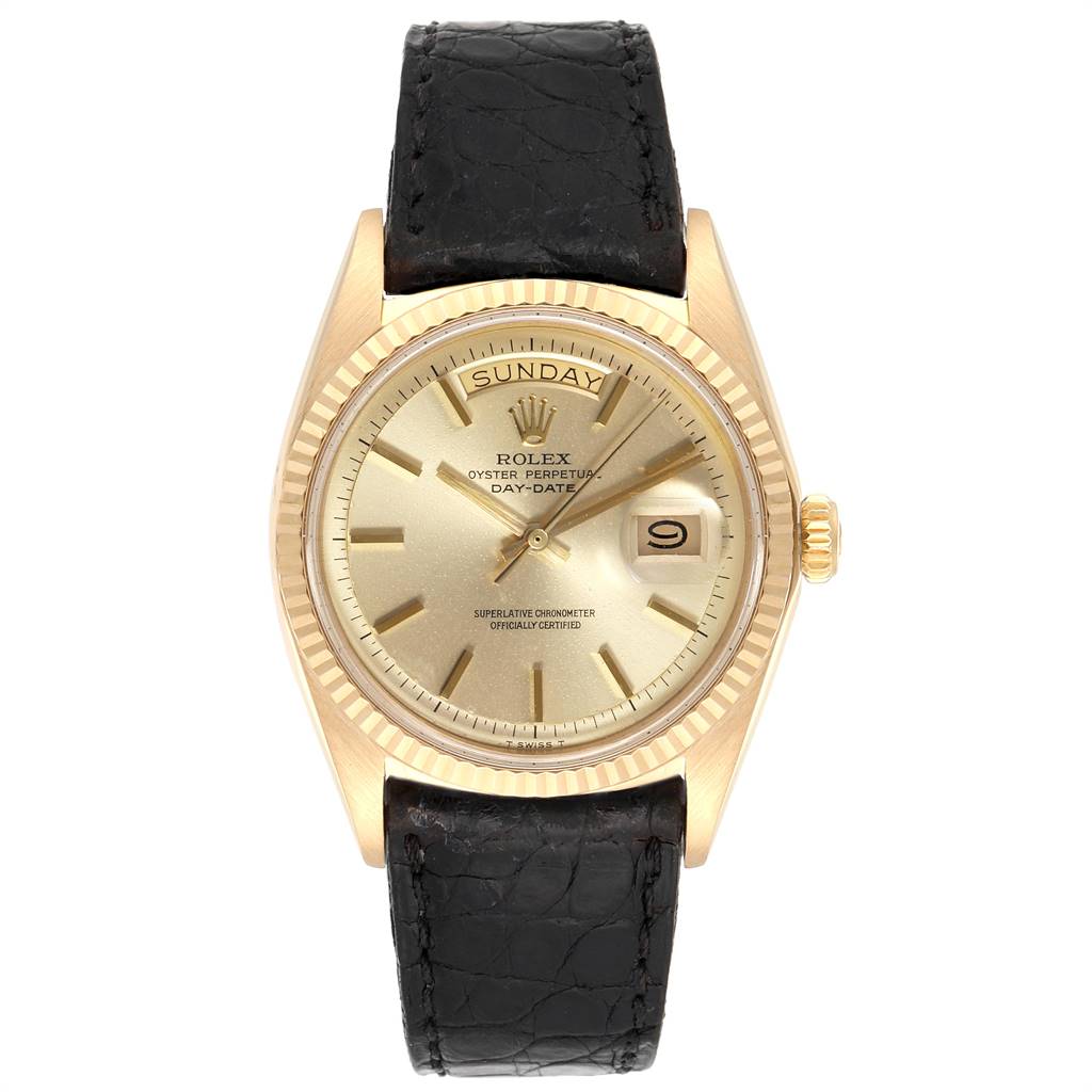 The Rolex President 1803 Men's Yellow Gold Champagne Dial 1803 Men's Yellow Gold Champagne Dial model watch is shown from the front, highlighting the dial, fluted bezel, crown, and black leather strap.