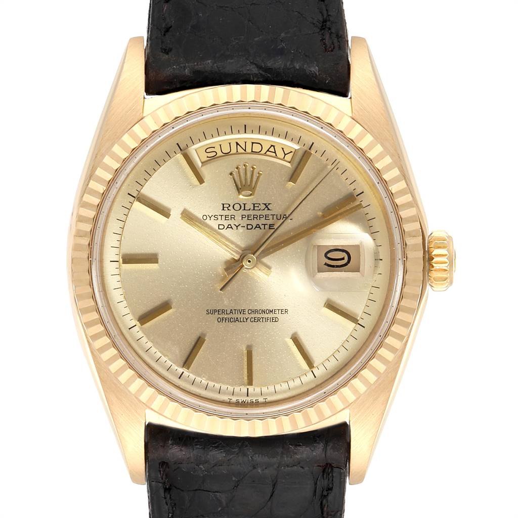 The Rolex President 1803 Men's Yellow Gold Champagne Dial 1803 Men's Yellow Gold Champagne Dial model is shown from a front angle, displaying the bezel, dial, crown, day, and date windows.