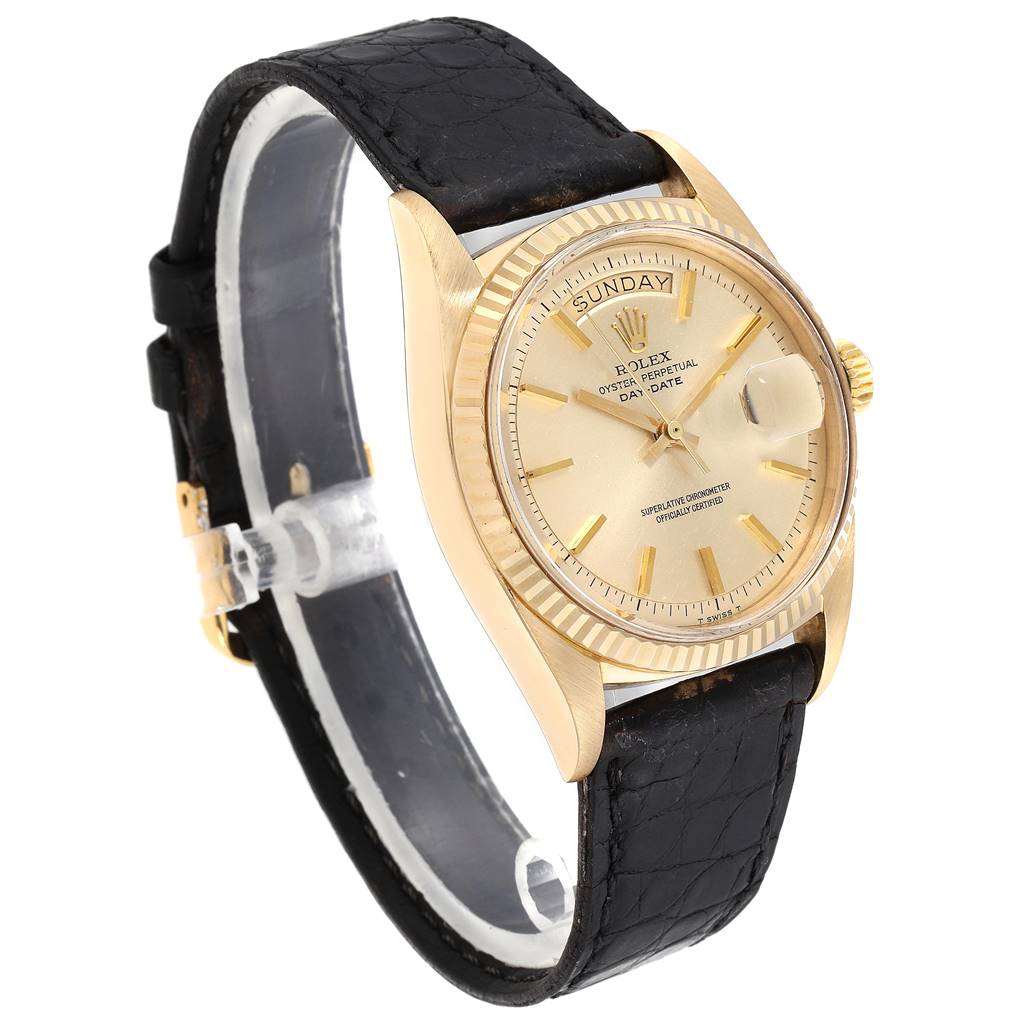The image shows a Rolex President 1803 Men's Yellow Gold Champagne Dial 1803 Men's Yellow Gold Champagne Dial model watch from a side angle, highlighting the dial, bezel, and black leather strap.