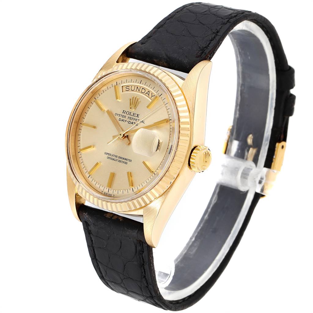The Rolex President 1803 Men's Yellow Gold Champagne Dial 1803 Men's Yellow Gold Champagne Dial model watch is shown from a three-quarter angle displaying its dial, crown, and leather strap.