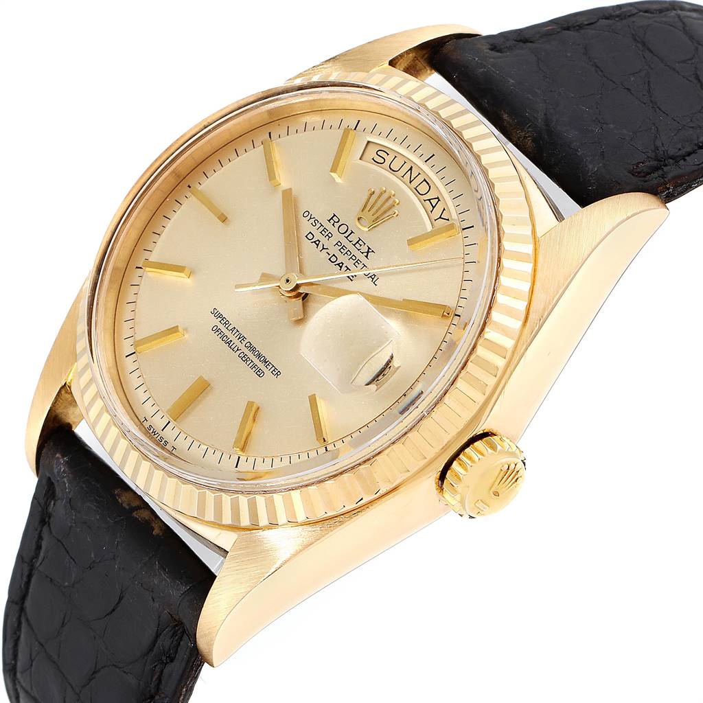 The image shows a Rolex President 1803 Men's Yellow Gold Champagne Dial 1803 Men's Yellow Gold Champagne Dial watch at a slight angle, highlighting the dial, crown, and leather strap.