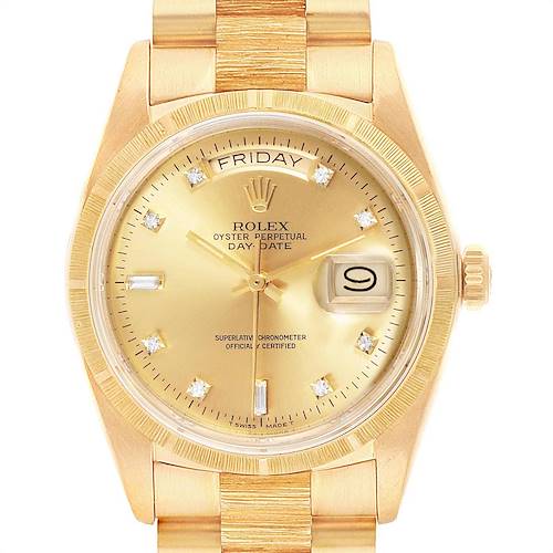 The image shows a front view of the Rolex President Day-Date watch, highlighting its gold case, dial, and bracelet.