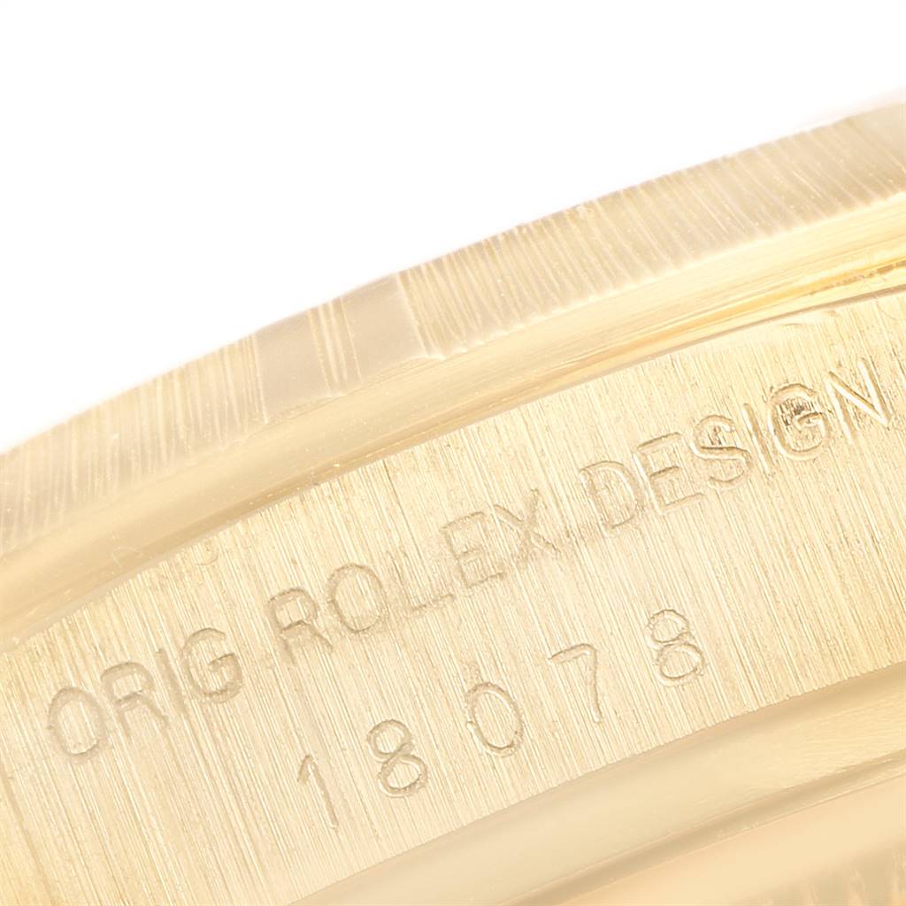 The image shows an angled close-up of the engraved model number and "ORIG ROLEX DESIGN" text on the rim of a Rolex President 18078 Men's Yellow Gold Black Dial 18078 Men's Yellow Gold Black Dial watch.