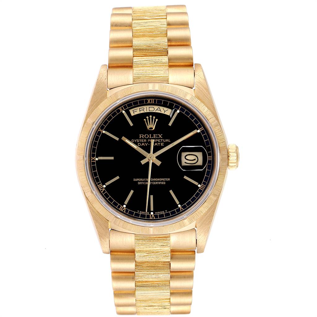This image shows a front view of the Rolex President 18078 Men's Yellow Gold Black Dial 18078 Men's Yellow Gold Black Dial model watch, highlighting its bracelet, dial, and crown.