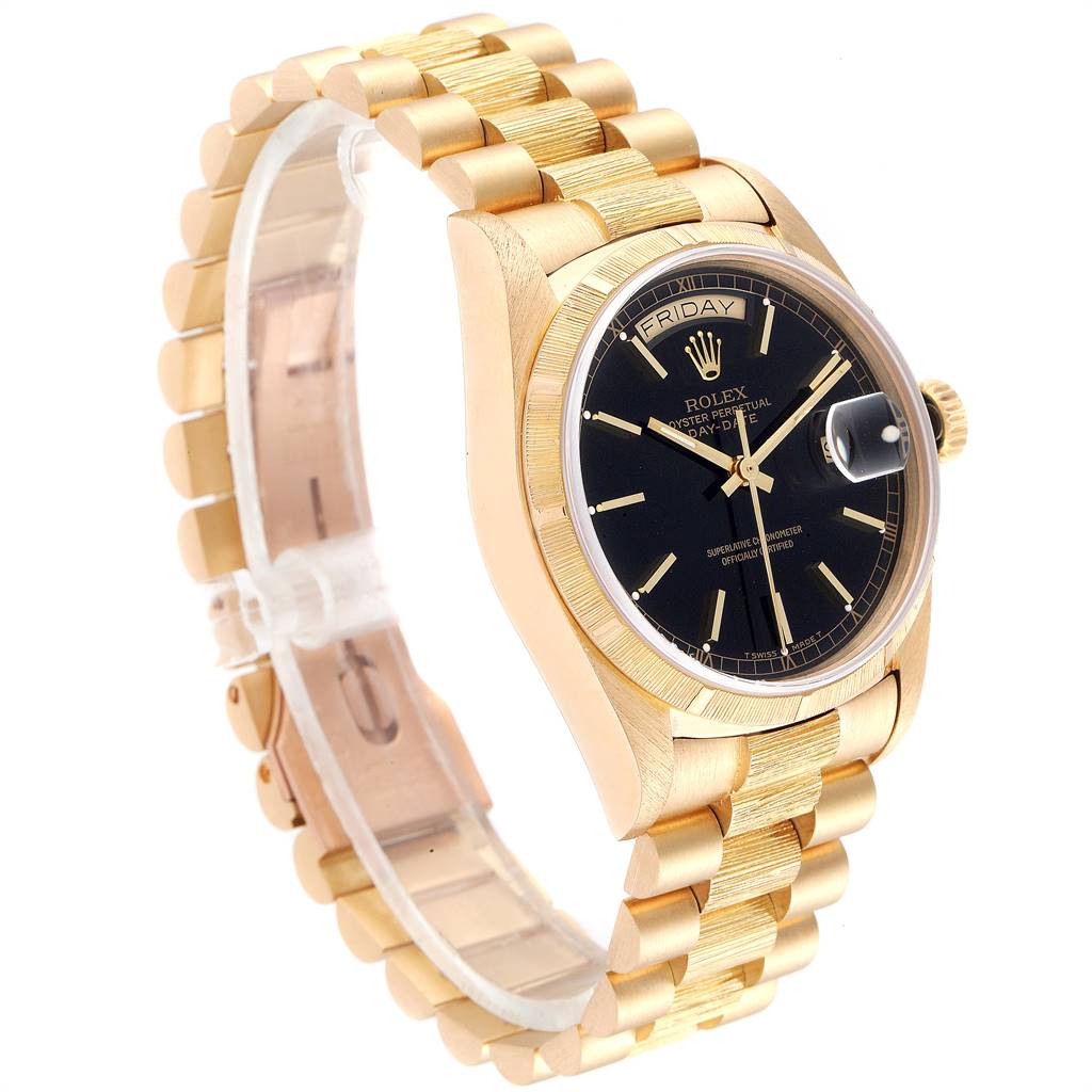 The image shows a Rolex President 18078 Men's Yellow Gold Black Dial 18078 Men's Yellow Gold Black Dial model watch at an angle highlighting the bracelet, case, crown, and face.