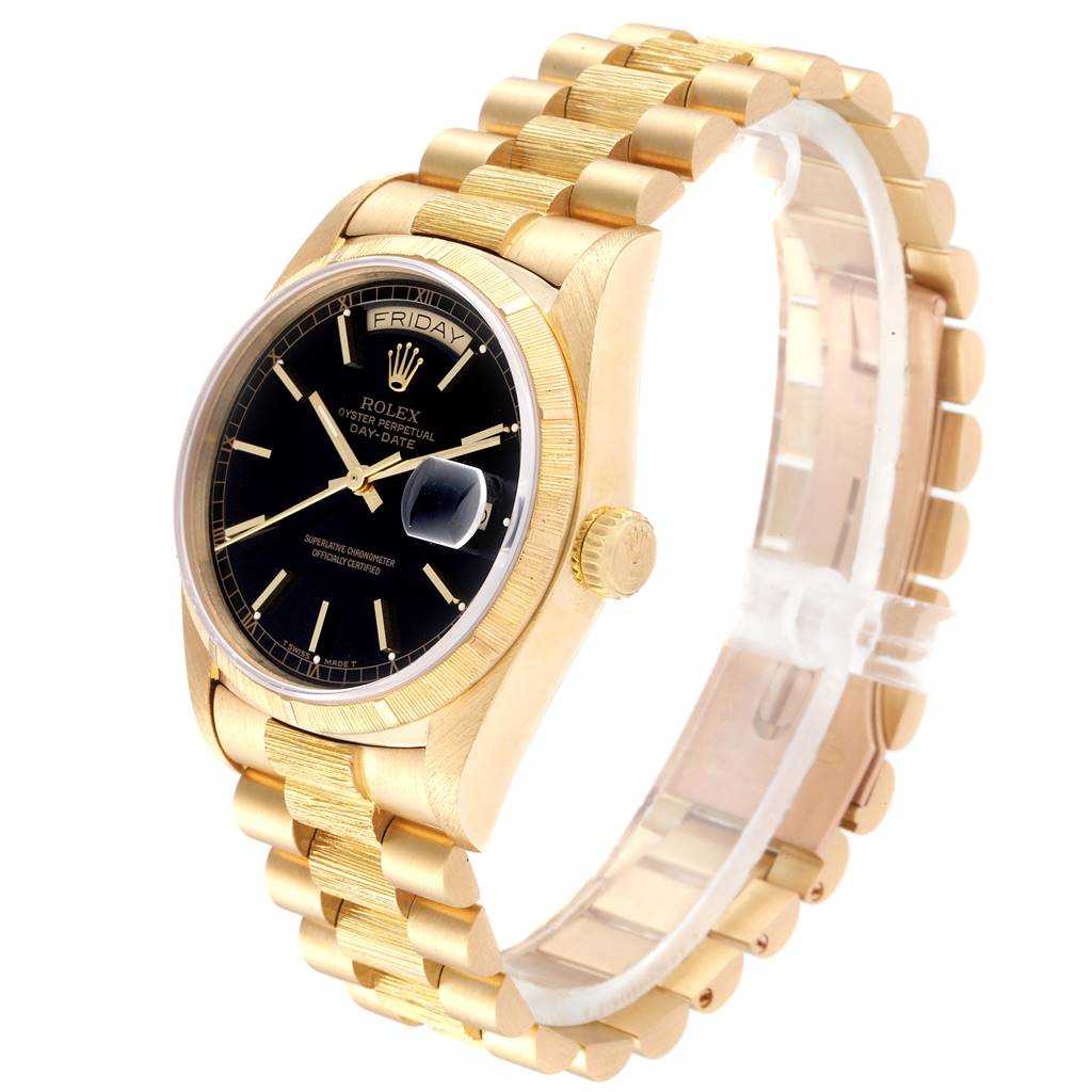 The image shows a Rolex President 18078 Men's Yellow Gold Black Dial 18078 Men's Yellow Gold Black Dial model watch at an angled side view, highlighting the bezel, dial, crown, and bracelet.