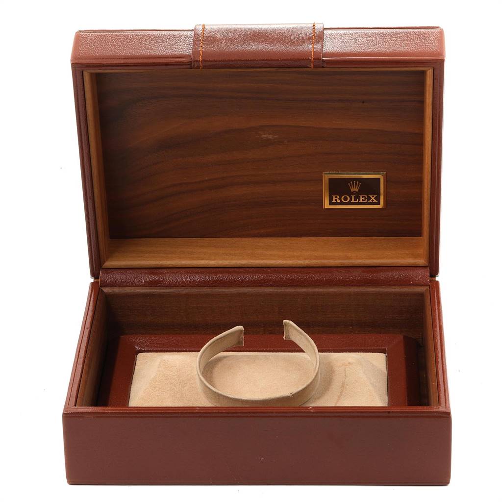 This image shows an open wooden box for a Rolex President 18078 Men's Yellow Gold Black Dial 18078 Men's Yellow Gold Black Dial model watch, displaying the interior cushioning and the Rolex logo.