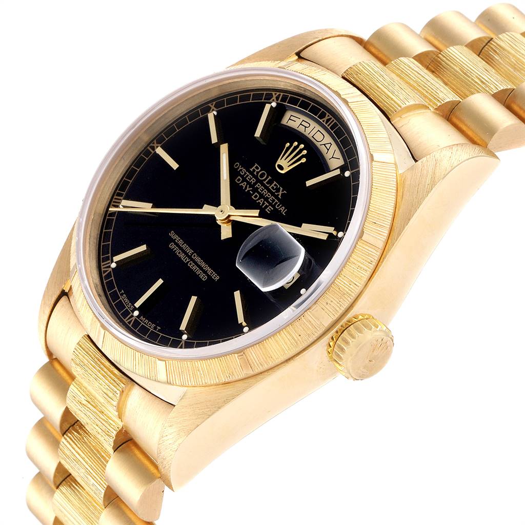The image shows a side view of a Rolex President 18078 Men's Yellow Gold Black Dial 18078 Men's Yellow Gold Black Dial model watch, highlighting the black dial, day, date window, and gold bracelet.