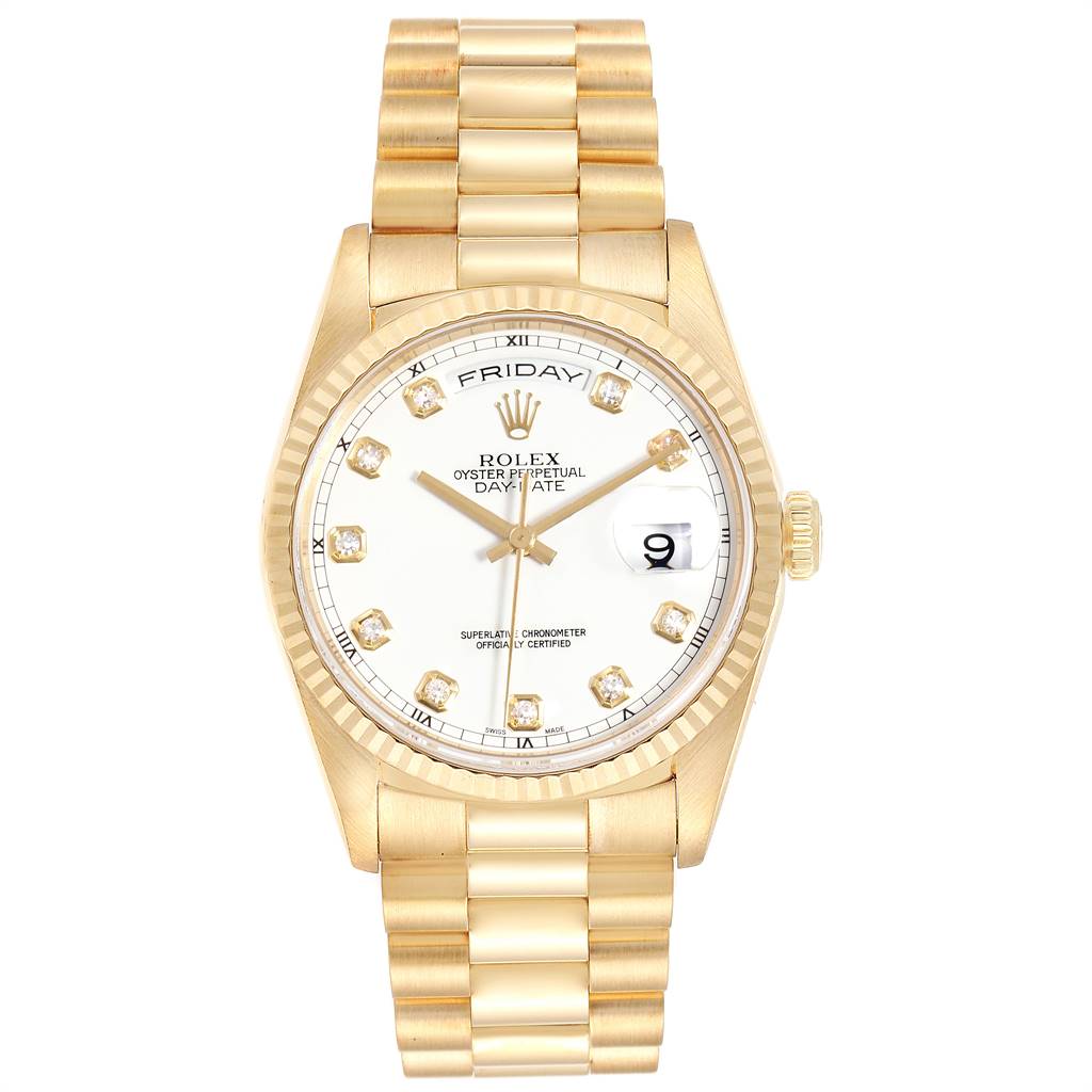 This is a front view of the Rolex President 18238 Men's Yellow Gold White Dial 18238 Men's Yellow Gold White Dial model, displaying the entire watch including the bracelet, dial, and crown.