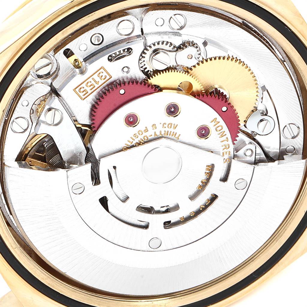 This image shows the internal mechanical movement of a Rolex President 18238 Men's Yellow Gold White Dial 18238 Men's Yellow Gold White Dial watch from a top-down angle.