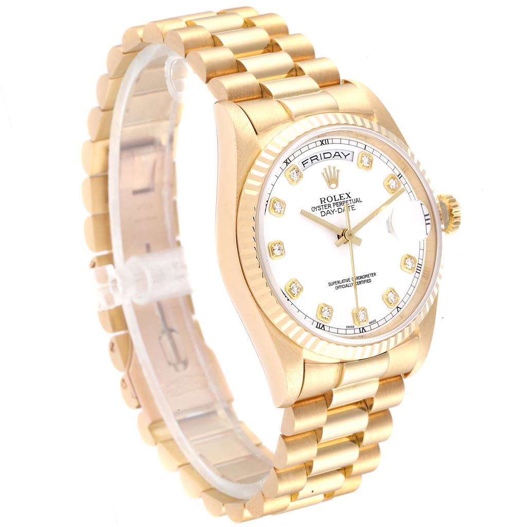 The image shows a Rolex President 18238 Men's Yellow Gold White Dial 18238 Men's Yellow Gold White Dial model watch from an oblique angle, highlighting the bracelet, bezel, dial, and crown.