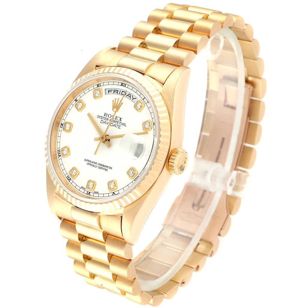 The image shows a Rolex President 18238 Men's Yellow Gold White Dial 18238 Men's Yellow Gold White Dial model watch angled from the front left, highlighting the face, strap, and crown.