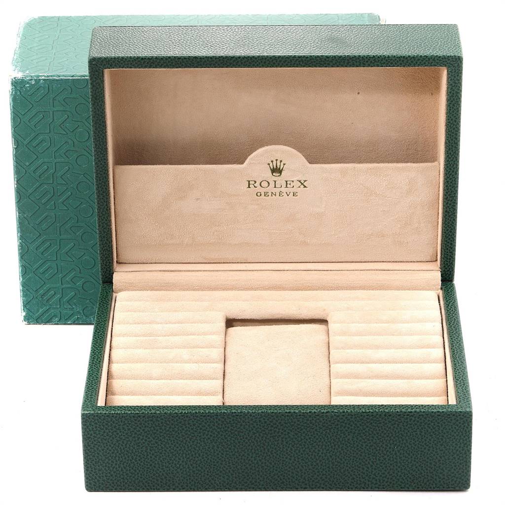 This image shows the opened presentation box for the Rolex President 18238 Men's Yellow Gold White Dial 18238 Men's Yellow Gold White Dial model watch.