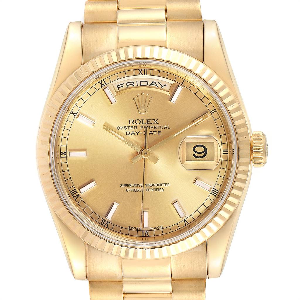 The image shows a front view of a Rolex President 118238 Men
s Yellow Gold Champagne Dial 118238 Men
s Yellow Gold Champagne Dial Day-Date watch, highlighting its dial, bezel, bracelet, and day/date display.