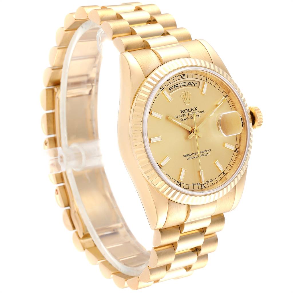 The image shows a side view of the Rolex President 118238 Men
s Yellow Gold Champagne Dial 118238 Men
s Yellow Gold Champagne Dial watch model, highlighting the gold bracelet, dial, and crown.