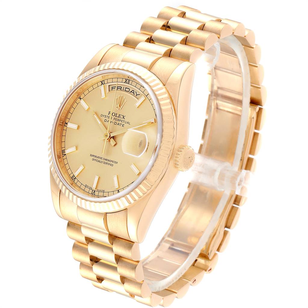 The Rolex President 118238 Men
s Yellow Gold Champagne Dial 118238 Men
s Yellow Gold Champagne Dial model watch is shown at an angled view highlighting the dial, bezel, crown, and bracelet.