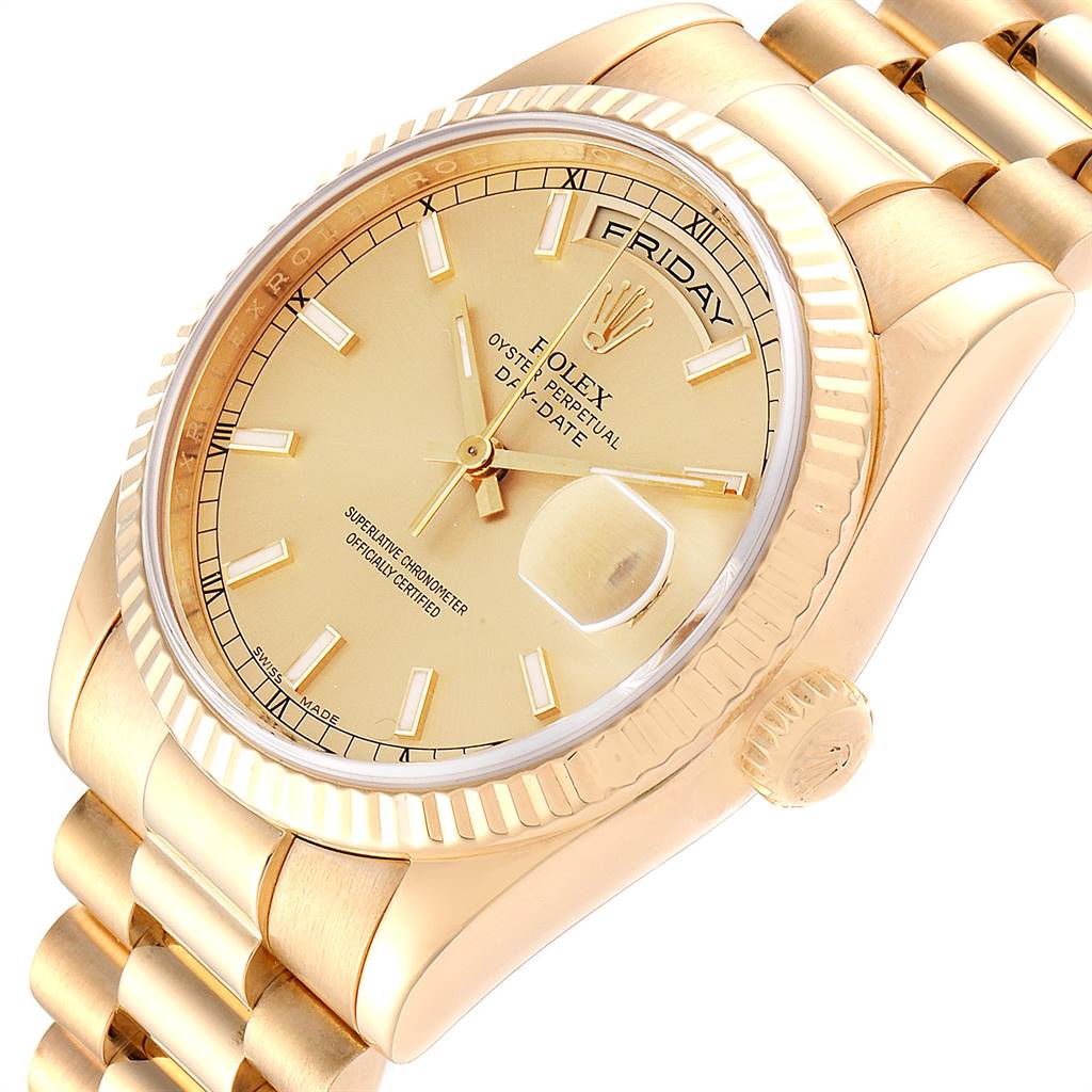 This image shows a close-up of the Rolex President 118238 Men
s Yellow Gold Champagne Dial 118238 Men
s Yellow Gold Champagne Dial model watch from a diagonal upper-front angle, highlighting the face, bezel, crown, and bracelet.