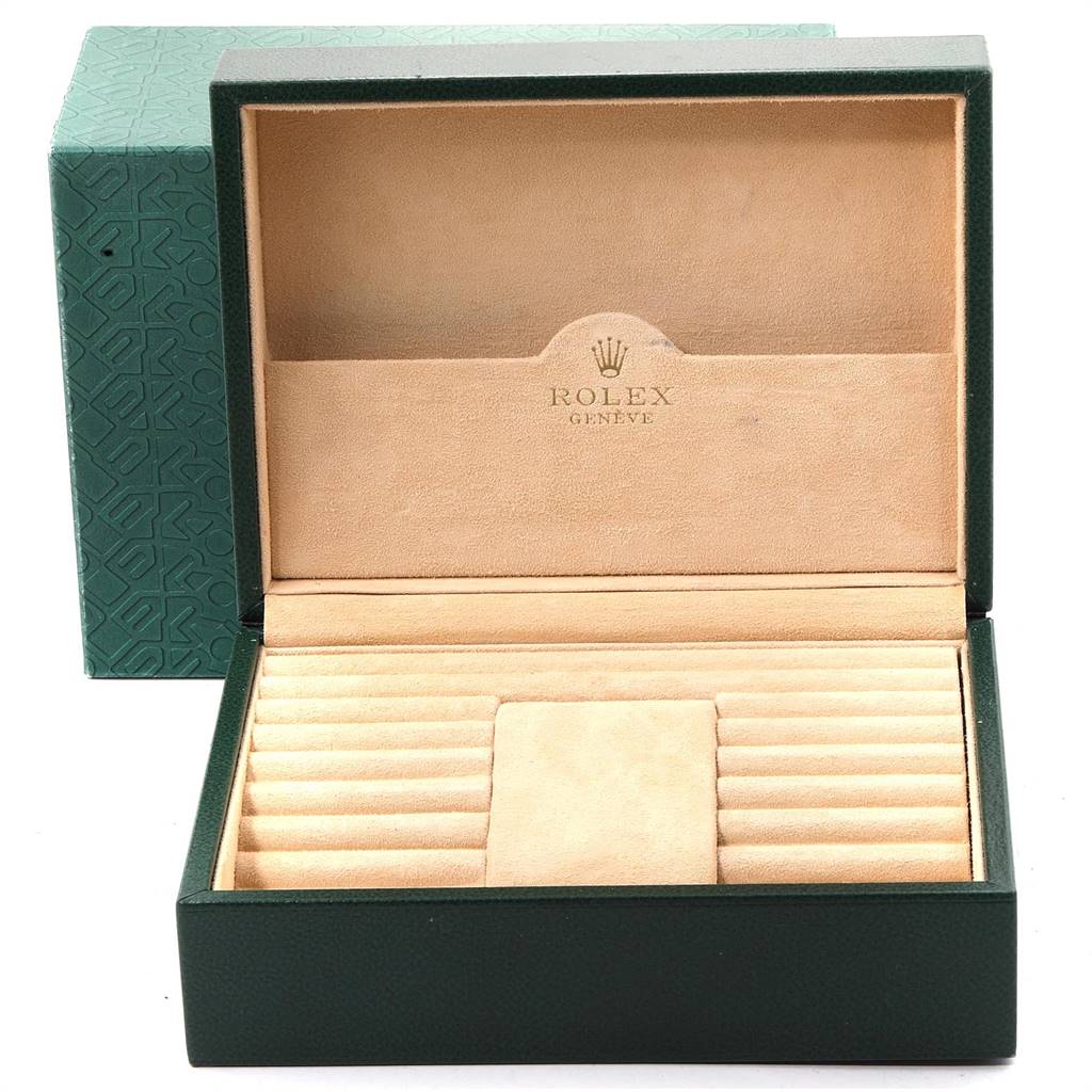 This is a front view of a Rolex President 118238 Men
s Yellow Gold Champagne Dial 118238 Men
s Yellow Gold Champagne Dial model watch box, showcasing the open interior with slot compartments.