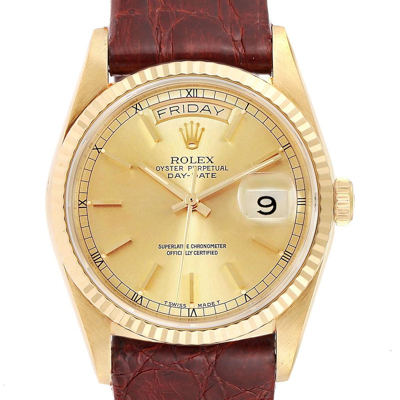 Rolex President Day-Date 36 Yellow Gold Brown Strap Mens Watch 18238 SwissWatchExpo