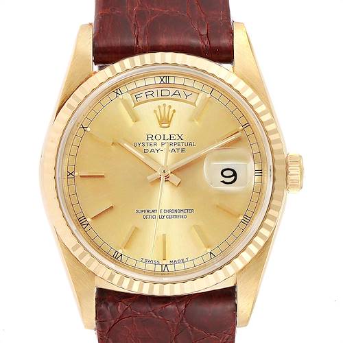 Photo of Rolex President Day-Date 36 Yellow Gold Brown Strap Mens Watch 18238