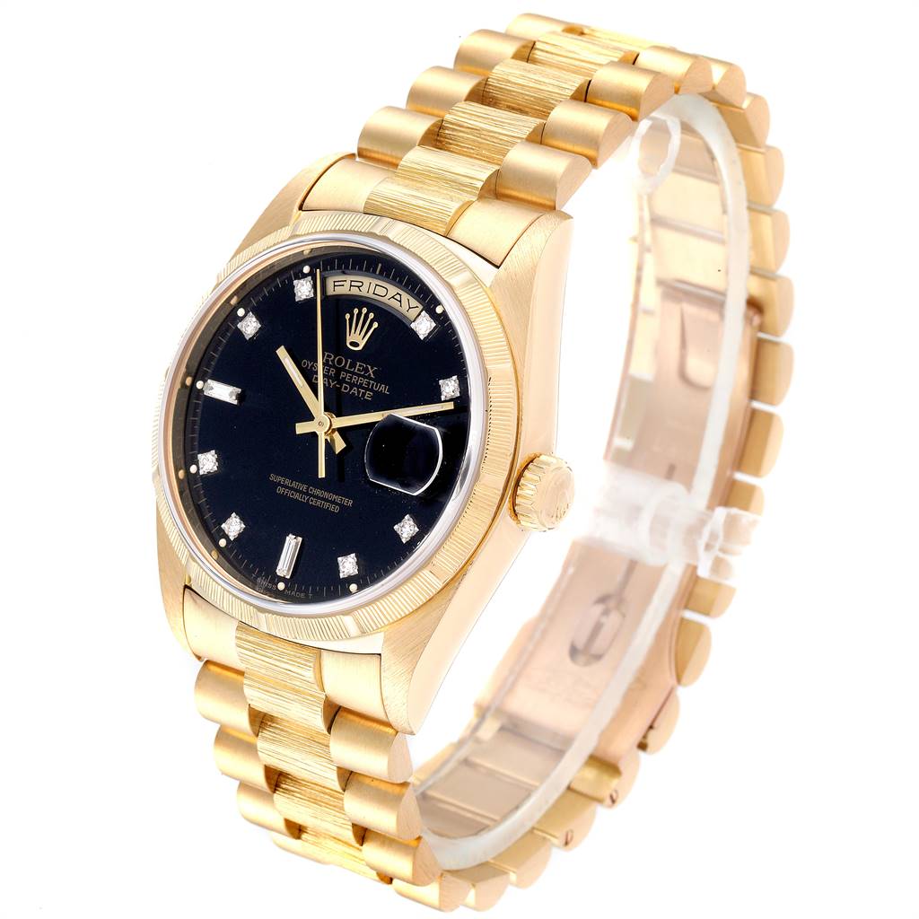 The image shows an angled view of a Rolex President 18248 Men's Yellow Gold Black Dial 18248 Men's Yellow Gold Black Dial model, displaying the watch face, band, and crown.