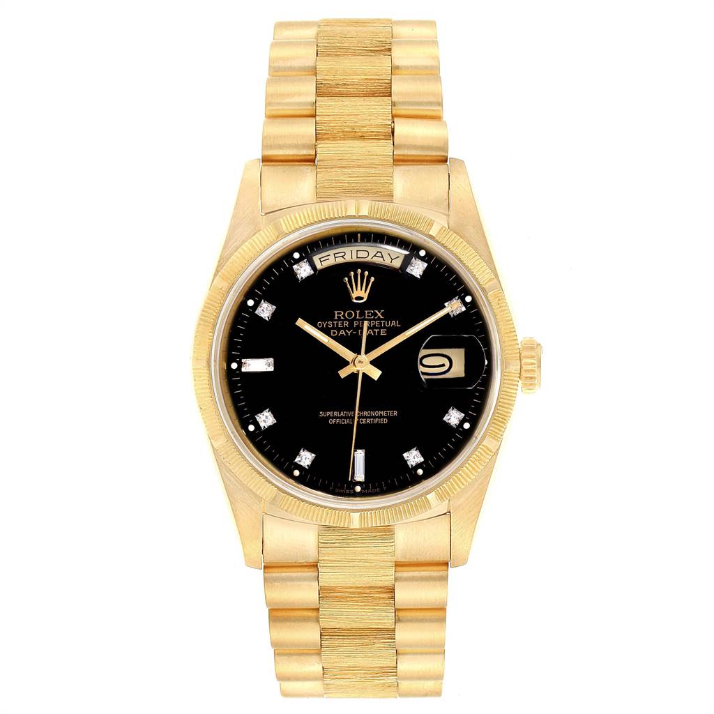 The image shows a front view of the Rolex President 18248 Men's Yellow Gold Black Dial 18248 Men's Yellow Gold Black Dial model watch, displaying its gold bracelet, black dial, day, and date features.