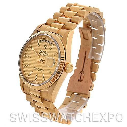 The image shows a Rolex President 18238 Men's Yellow Gold Champagne Dial 18238 Men's Yellow Gold Champagne Dial model watch angled from the front-left with the face, bezel, crown, and bracelet visible.