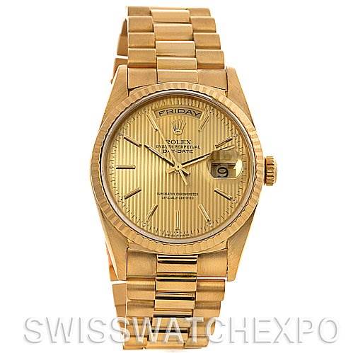 This image shows a front view of the Rolex President 18238 Men's Yellow Gold Champagne Dial 18238 Men's Yellow Gold Champagne Dial watch, featuring the face, dial, and bracelet.