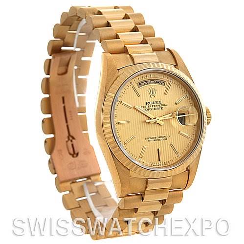 This image shows a Rolex President 18238 Men's Yellow Gold Champagne Dial 18238 Men's Yellow Gold Champagne Dial watch angled to display the face, bracelet, and clasp.