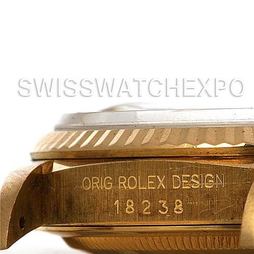This image shows a side view of the Rolex President 18238 Men's Yellow Gold Champagne Dial 18238 Men's Yellow Gold Champagne Dial model watch focusing on the bezel, case, and engraved model number "18238."