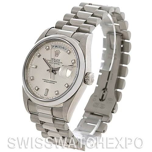 This image shows a side-angle view of a Rolex President 18206 Men's Platinum Silver Dial 18206 Men's Platinum Silver Dial model, displaying the face, bezel, crown, and bracelet.