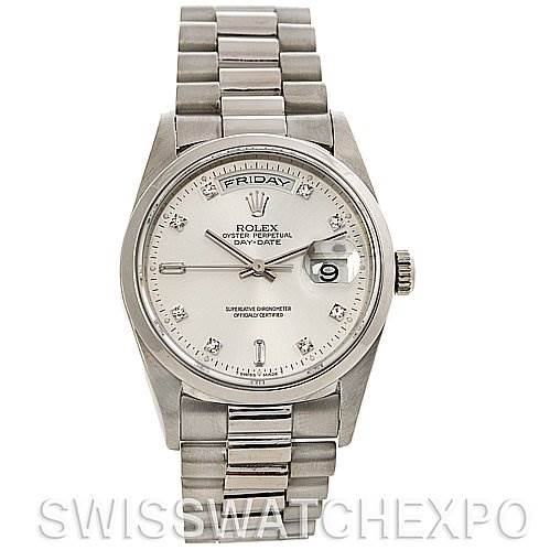 The image shows a frontal view of the Rolex President 18206 Men's Platinum Silver Dial 18206 Men's Platinum Silver Dial watch, displaying the face, bracelet, day, and date functions.