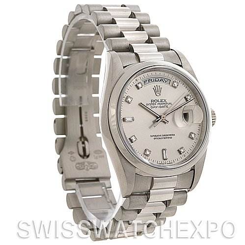This image shows a Rolex President 18206 Men's Platinum Silver Dial 18206 Men's Platinum Silver Dial model watch angled to display the dial, bracelet, and partially open clasp.