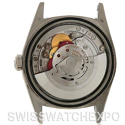 The image shows the internal mechanism and movement of a Rolex President 18206 Men's Platinum Silver Dial 18206 Men's Platinum Silver Dial model watch, viewed from the back with the caseback removed.