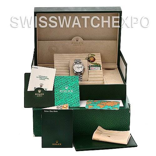 The image shows an open box with a Rolex President 18206 Men's Platinum Silver Dial 18206 Men's Platinum Silver Dial model watch, warranty cards, booklets, and a cleaning cloth.
