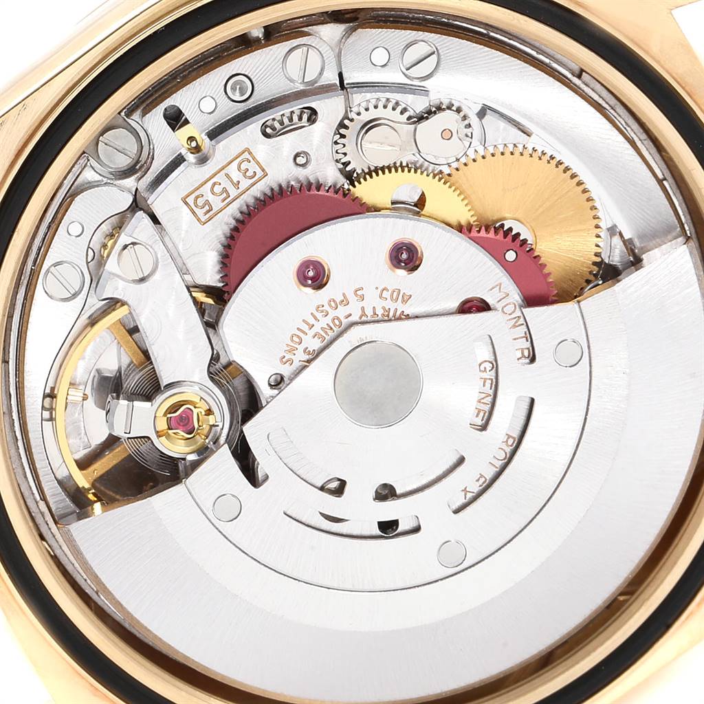 This is a close-up view of the movement and internal gears of a Rolex President 18238 Men
s Yellow Gold Champagne Dial 18238 Men
s Yellow Gold Champagne Dial model watch.